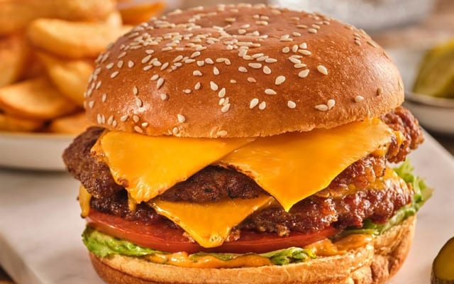 Cheeseburger with melted cheese and salad